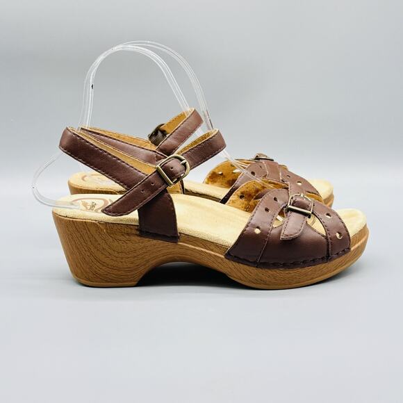 Dansko Shoes Womens 8 Brown Leather Sandals Adjustable Buckle Straps Heel - Picture 1 of 10
